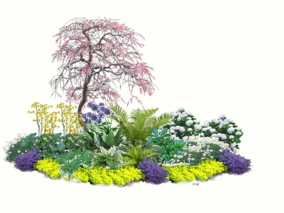 Colorful Flower Garden With Pink Blossom Tree Yellow Purple White Blooms And Green Foliage 3d model