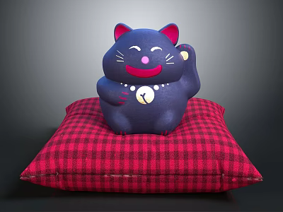 Adorable Blue Lucky Cat Decorative Figurine and Red Plaid Cushion Ornament Set 3d model