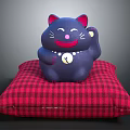 Adorable Blue Lucky Cat Decorative Figurine and Red Plaid Cushion Ornament Set