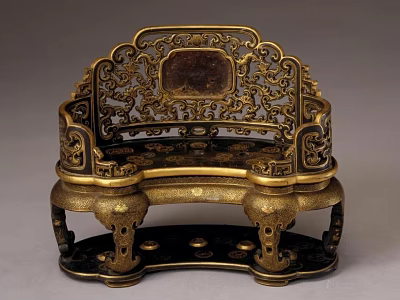 Ornate Single Chair With Intricate Gold Carvings And Dark Panel Design 3d model