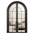 Arched Swing Door With Black Frame Glass Panels And Golden Handles
