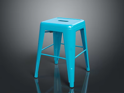 Blue Square Metal Stool With Top Hole And Crossbar Legs Design 3d model