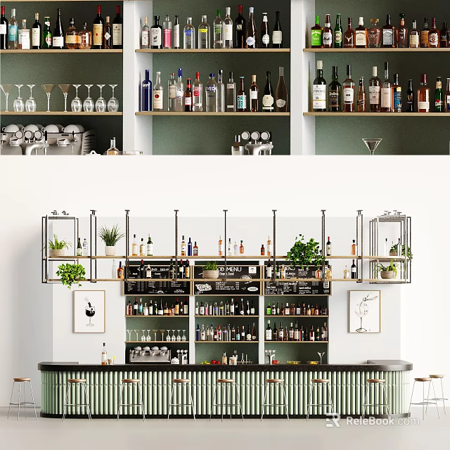 Modern Stylish Bar Counter With Wine Bottles Glassware And Green Plants On Shelves 3d model 