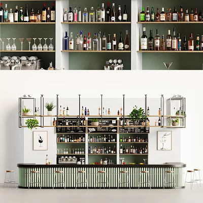 Modern Stylish Bar Counter With Wine Bottles Glassware And Green Plants On Shelves 3d model