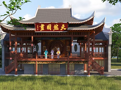 Traditional Chinese Wooden Swing Door with Carved Design in Classic Architecture Featuring Eaves and Stairs 3d model