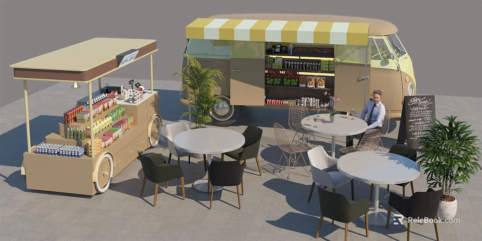 Functional Food Truck With Yellow And White Striped Awning Open Door And Outdoor Dining Tables 3d model 