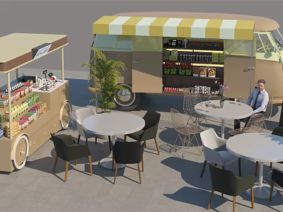 Functional Food Truck With Yellow And White Striped Awning Open Door And Outdoor Dining Tables 3d model