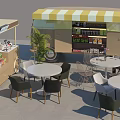 Functional Food Truck With Yellow And White Striped Awning Open Door And Outdoor Dining Tables