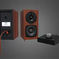 High Quality Wooden Bookshelf Audio Speakers With Black Amplifier And Red Cable