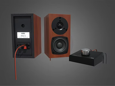 High Quality Wooden Bookshelf Audio Speakers With Black Amplifier And Red Cable 3d model