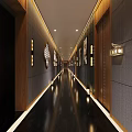 Modern Chinese Elevator Hallway With Wooden Lattice Green Plants White Lion Statues And Black Marble