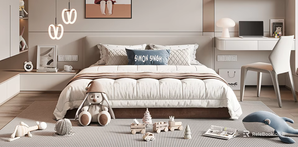 Kids Bed With Plush Rabbit Building Blocks Striped Rug And Decorative Pillow Wall Art 3d model 