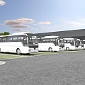 Parking Lot With Multiple White Buses Parked On Gray Paved Surface Under Blue Sky 3d model