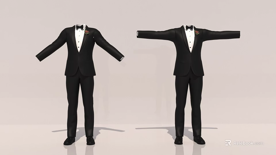 Two Stylish Men In Black Tuxedo Suits With Bow Ties 3d model 