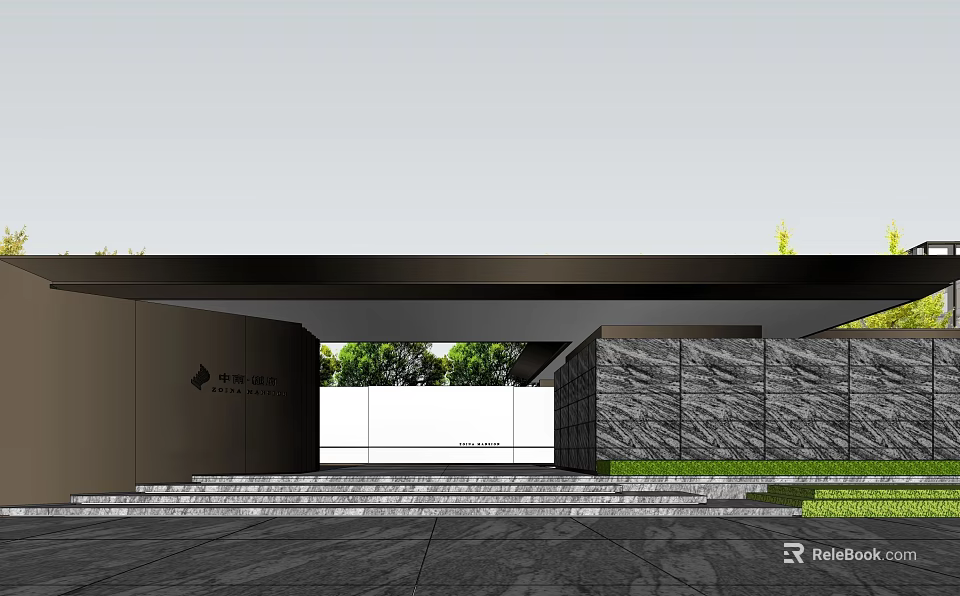 Modern Entrance Gate With Black Canopy Stone Wall Steps And Greenery 3d model 