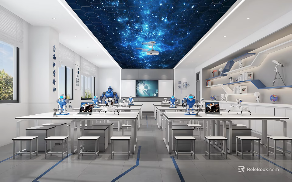 School Robotics Classroom With Starry Sky Ceiling Robot Models Computers And Large Screen 3d model 