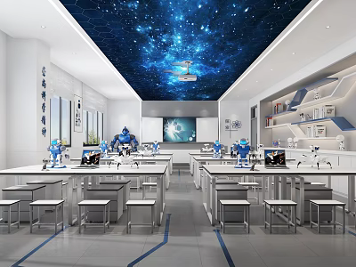 School Robotics Classroom With Starry Sky Ceiling Robot Models Computers And Large Screen 3d model