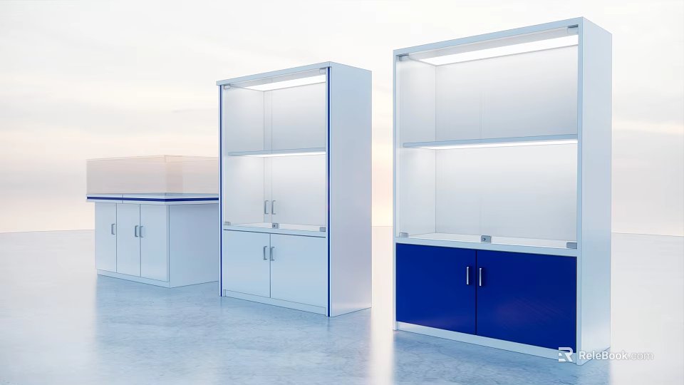 Modern Display Shelves With White And Blue Cabinets And Built In Lighting 3d model 