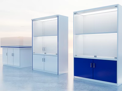 Modern Display Shelves With White And Blue Cabinets And Built In Lighting 3d model
