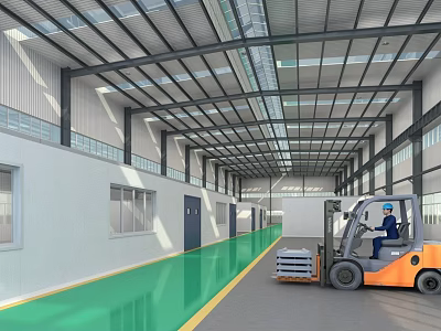 Spacious Industrial Warehouse Interior With Forklift Operator Green Floor And Steel Roof 3d model