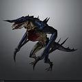 Fierce Reptilian Creature With Blue Body Red Chest Sharp Fangs Clawed Limbs And Spiked Back
