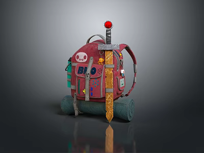 Red Stylish Backpack With Skull Pendant Number 88 Patch And Sword Accessory 3d model