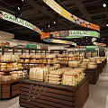 Supermarket Grocery Fresh Produce Display With Neatly Arranged Fruit Vegetable Shelves And Pendant Lights