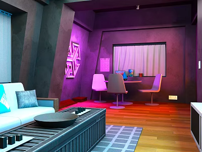 Cartoon Themed Purple Interior Scene With Sofa Dining Chairs Geometric Decor And Colorful Lighting 3d model