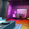 Cartoon Themed Purple Interior Scene With Sofa Dining Chairs Geometric Decor And Colorful Lighting