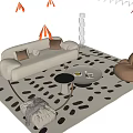 Cream Style Sofa Coffee Table Combination Straight Row Sofa Round Coffee Table Sofa Stool Lazy Sofa Floor Lamp Side Table Jewelry Ornaments 3d model