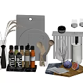 Essential Kitchen Utensils with Wooden Cutting Board Spice Bottles Knives and Marble Tray