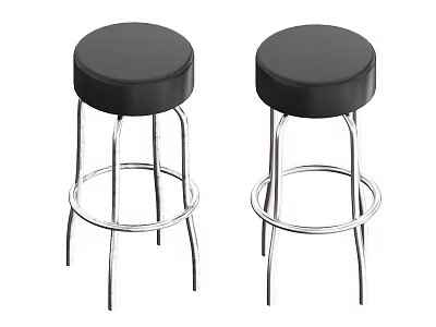 Two Modern Bar Stools With Black Round Seat Silver Metal Frame And Footrest 3d model