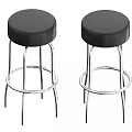 Two Modern Bar Stools With Black Round Seat Silver Metal Frame And Footrest