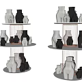 Ceramic Decorative Ornament Set With Beige Black Human Figure Vases On Multi Tiered Circular Display Stand