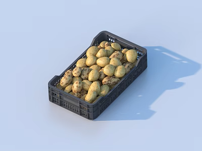 Fresh Spotted Potatoes Filled in Black Plastic Basket for Healthy Cooking 3d model