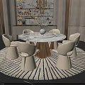 Luxurious Round Marble Dining Table Set With White Chairs Golden Base And Decorative Vase On Rug