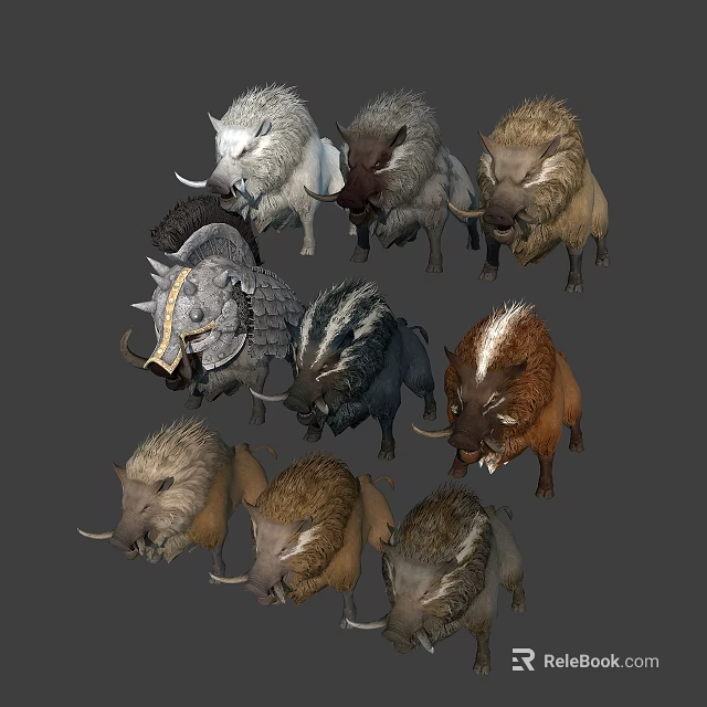 Various Wild Boar Character Designs With Diverse Fur Colors And Features 3d model