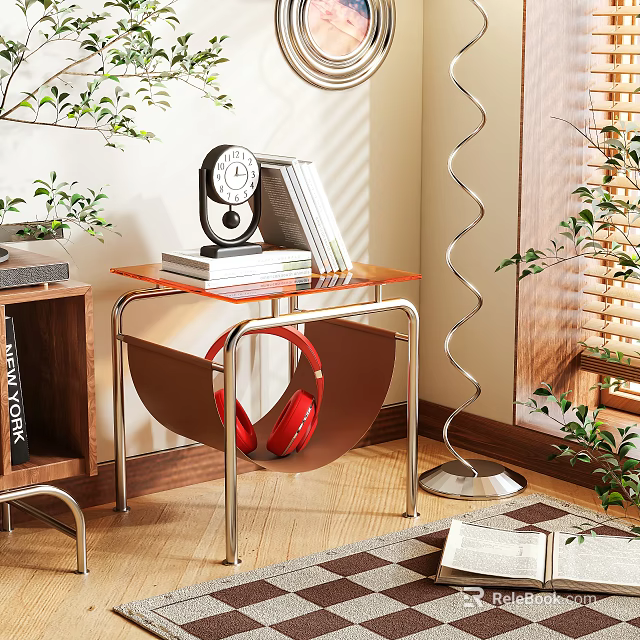 Modern Glass Top Side Table With Metal Frame And Storage Tray Holding Red Headphones 3d model 