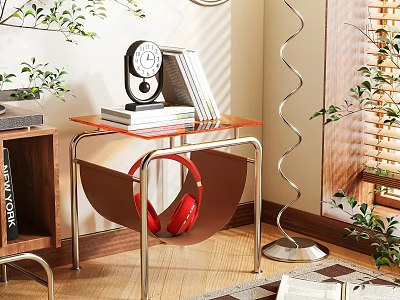 Modern Glass Top Side Table With Metal Frame And Storage Tray Holding Red Headphones 3d model