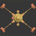 Shiny Gold And Red Mechanical Game Movie Character With Multiple Arms And Dark Background