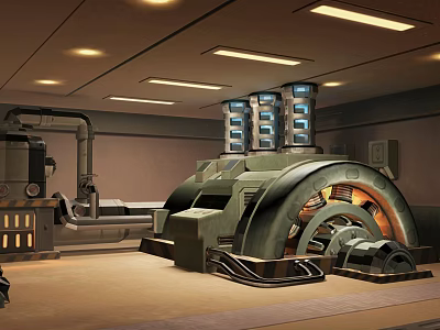 Cartoon Scene With Large Machinery Gears Control Panels Pipes And Illuminated Lighting 3d model
