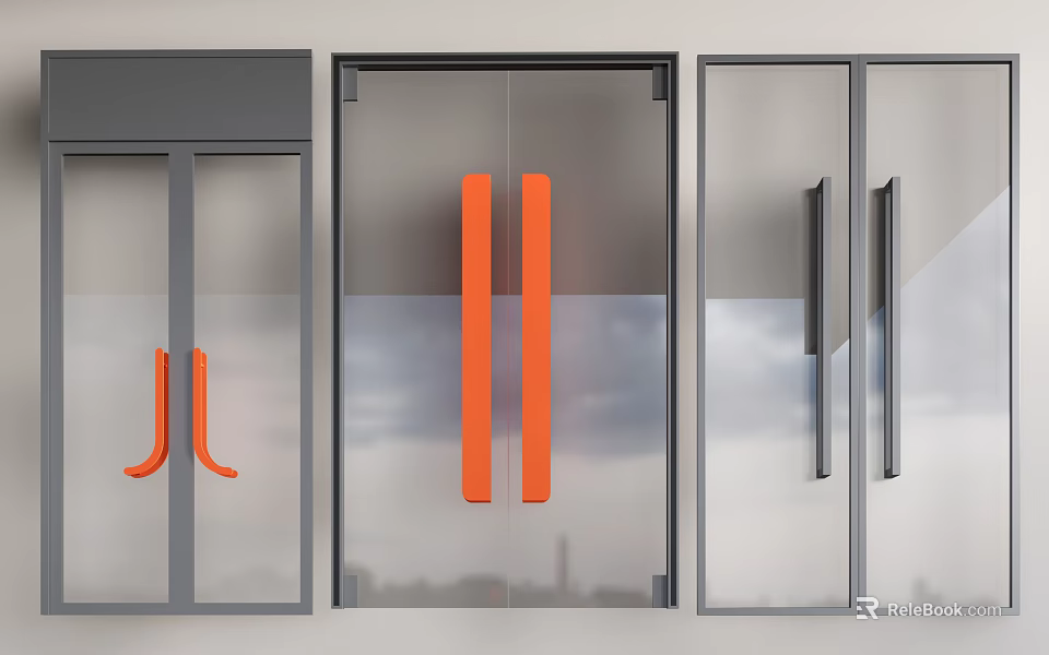 Modern Glass Doors Design With Orange Handles And Gray Frames 3d model 