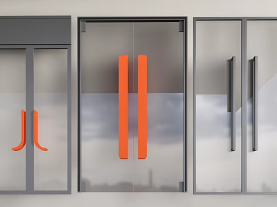 Modern Glass Doors Design With Orange Handles And Gray Frames 3d model