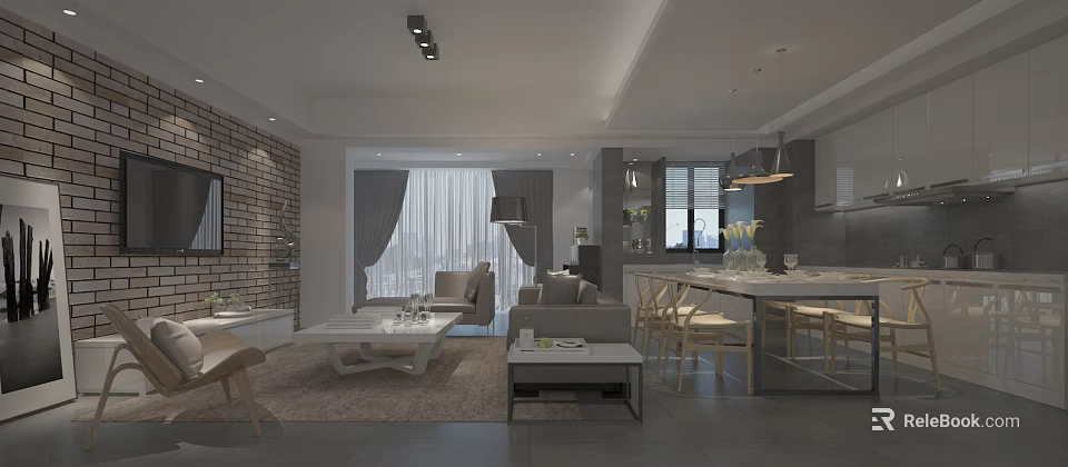 Modern Living and Dining Room Interior With Brick Wall Sofa Dining Table And Pendant Lights 3d model 