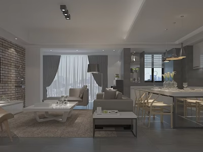 Modern Living and Dining Room Interior With Brick Wall Sofa Dining Table And Pendant Lights 3d model