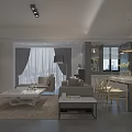 Modern Living and Dining Room Interior With Brick Wall Sofa Dining Table And Pendant Lights