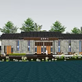 Tranquil Detached Villa Exterior With Gray Walls Tile Roof Wooden Deck And Waterfront Palm Trees