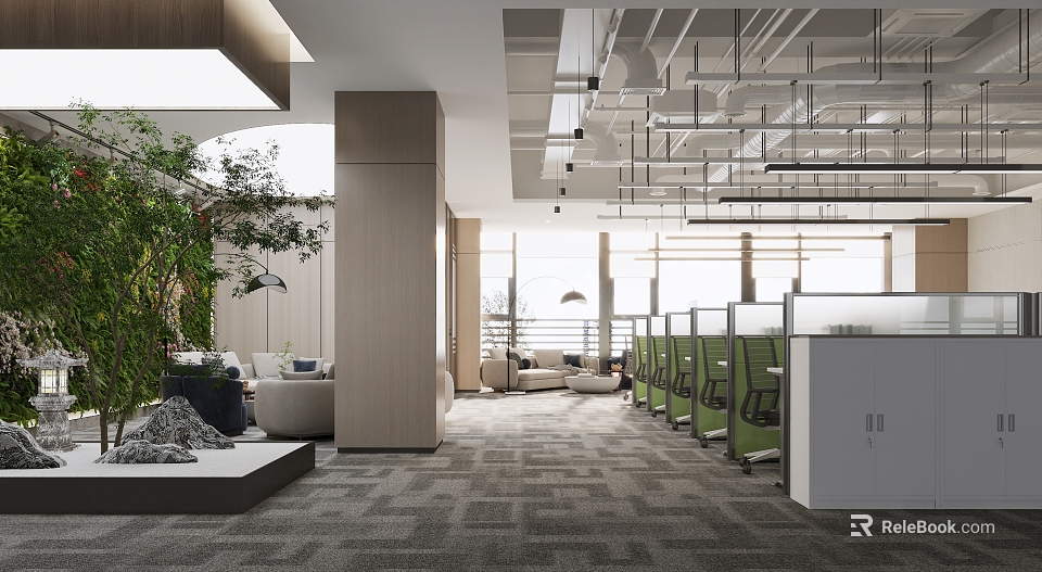 Public Office Area With Open Workstations Green Plants Sofa Seating And Large Windows 3d model 