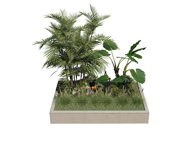 Natural Concrete Tree Pit With Palm Trees Large Leaf Plants And Green Grass 3d model