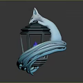 White Fox Character Resting On Dark Blue Lantern With Blue Flame And Wavy Tail